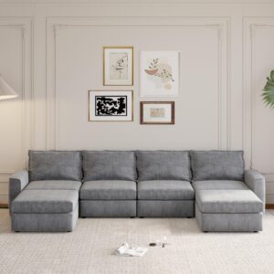 Ball & Cast 115" Chenille U-Shaped Sectional Sofa Set,Minimalist Style Chenille Modular Cloud Couch with Convertible Ottoman Chaise for Living Room,Free Combination,Gray