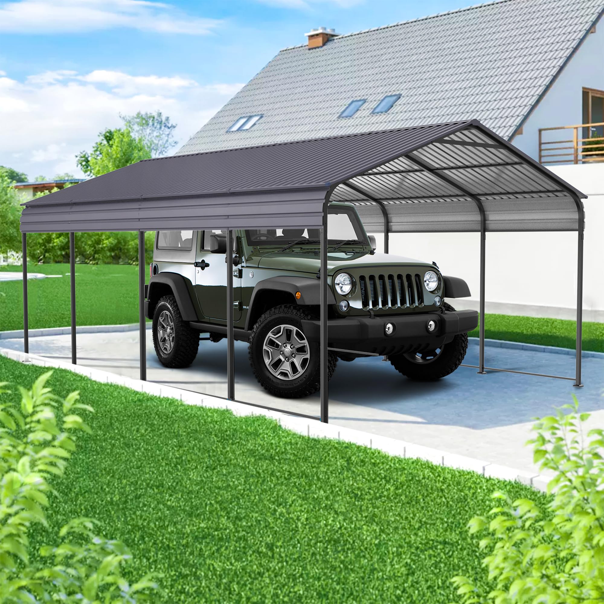 Metal Carport 12 x 20 FT Heavy Duty Outdoor Steel Large Rv Car Ports Canopy with Galvanized Metal Roof and Enhanced Base, Outdoor Garage Car Shelter for Cars, Boats, Trucks, Tractors, Gray