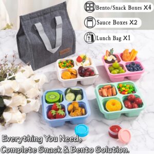 KTKUDY 4 Pack Snack Containers with lunch Bag & Sauce Box - 4 Compartments Bento Snack Box - Reusable Meal Prep Lunch Container for Kids Adults - Divided Food Storage Containers for School Work Travel