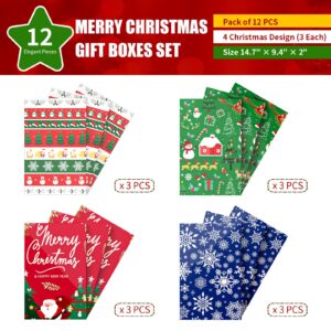 Uvaluefeet Christmas Gift Boxes with Lids, 12 Pack Patterned Shirt Clothes Boxes(12 Clothing Gift Boxes, 4 Designs: 3 Pieces Per Design & 1 Christmas Label Sticker) for Christmas Wrapping