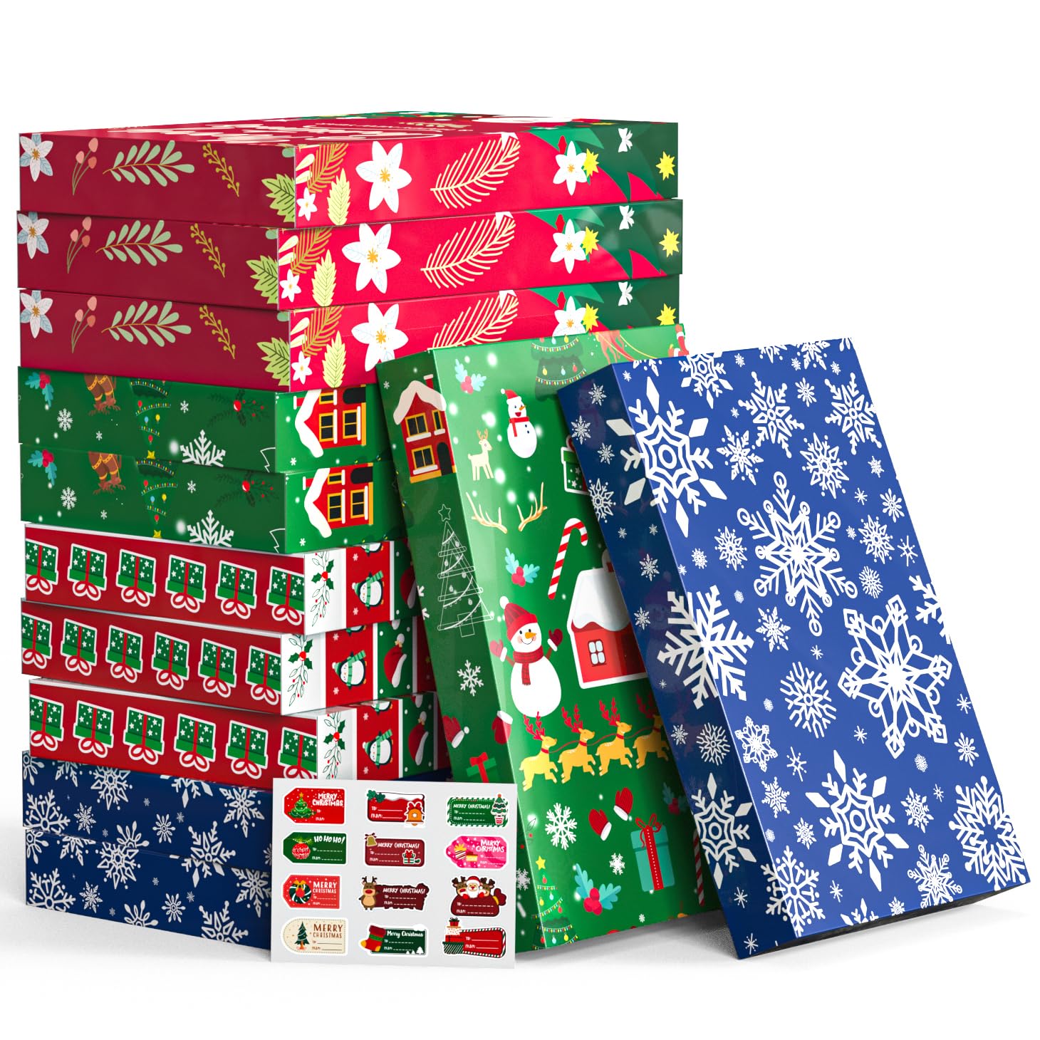 Uvaluefeet Christmas Gift Boxes with Lids, 12 Pack Patterned Shirt Clothes Boxes(12 Clothing Gift Boxes, 4 Designs: 3 Pieces Per Design & 1 Christmas Label Sticker) for Christmas Wrapping