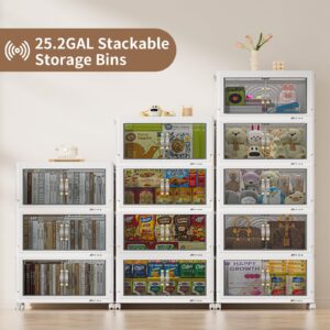 MDTMR Stackable Storage Bins with Side Handle,25.2GAL Stackable Storage Bins with Lids,Collapsible Plastic Storage Bins with Doors and Wheels