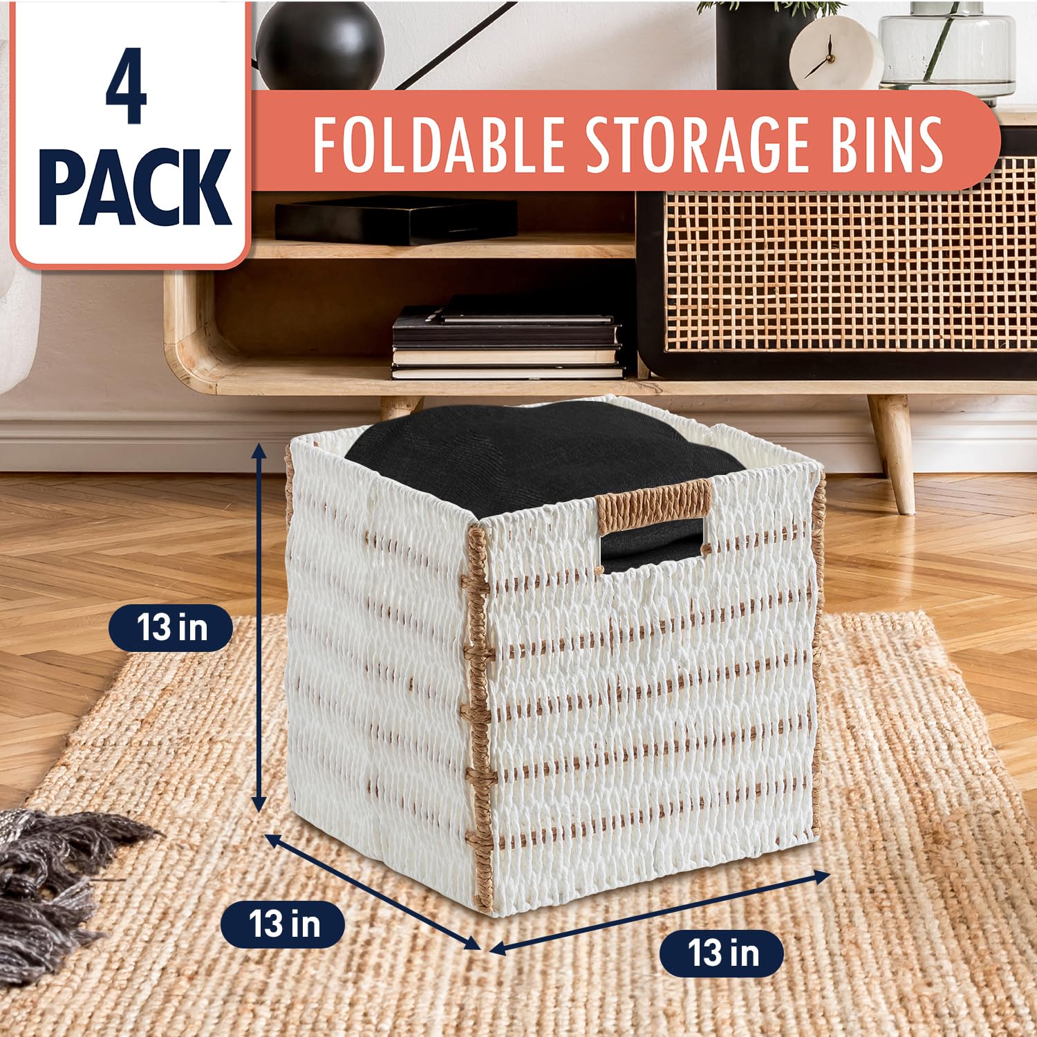 Ornavo Home Wicker Storage Cubes Bin, 13 x 13 Inch Storage Cubes Shelf Basket Collapsible Natural Hand Woven Paper Kallax Storage Cube Bin with Handles - Set of 4, White/Brown