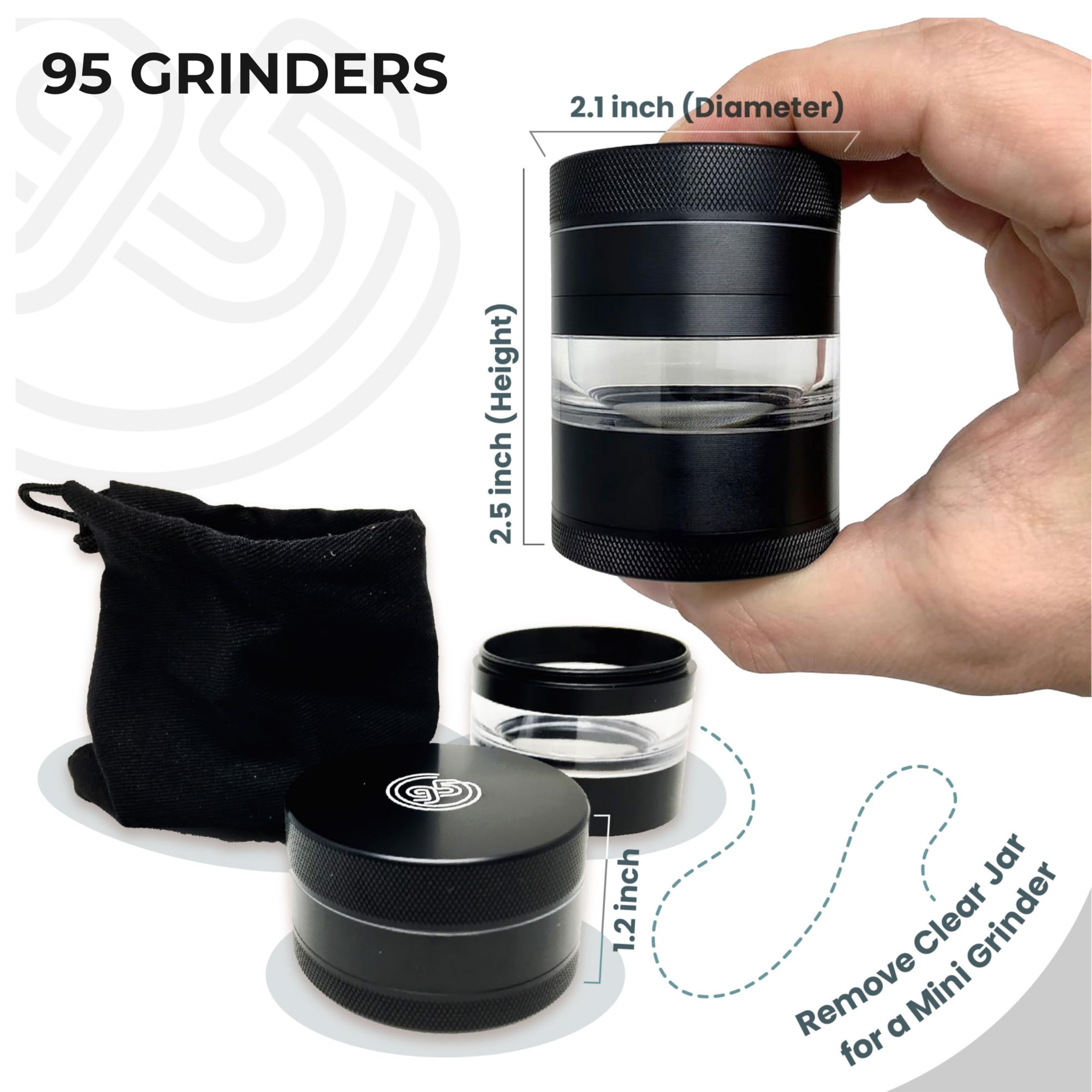 95Grinders 5-Piece 2.2" Premium Spice Mixer | Heavy-Duty Aluminum, Kief Catcher, Smooth Grind, No-Stick Design, Kitchen Essential