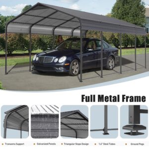 Metal Carport 12 x 20 FT Heavy Duty Outdoor Steel Large Rv Car Ports Canopy with Galvanized Metal Roof and Enhanced Base, Outdoor Garage Car Shelter for Cars, Boats, Trucks, Tractors, Gray