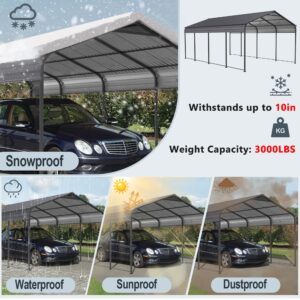 Metal Carport 12 x 20 FT Heavy Duty Outdoor Steel Large Rv Car Ports Canopy with Galvanized Metal Roof and Enhanced Base, Outdoor Garage Car Shelter for Cars, Boats, Trucks, Tractors, Gray