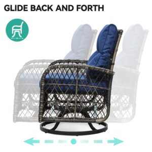 YITAHOME 3 Piece Patio Outdoor Swivel Glider Rocker Wicker Patio Bistro Rocking Set with Wood-Grain Table for Garden, Backyard and Balcony (Navy Blue)