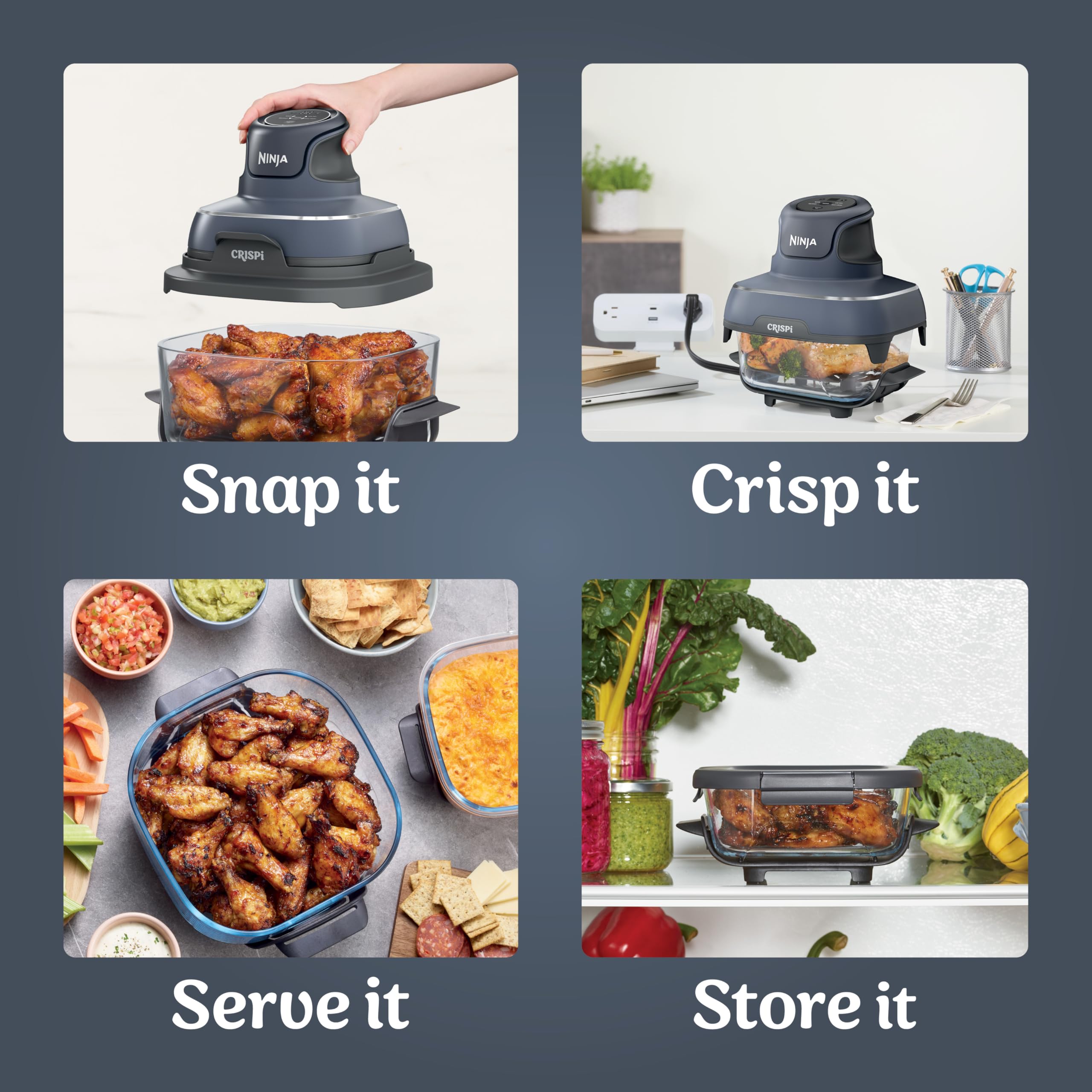 Ninja Crispi Air Fryer, Microwave, Freezer & Dishwasher Safe, Non Toxic Glass Portable Cooking System, 4 QT & 6 Cup Glass Containers with Storage Lids, Easy Meals, Air Fry, Bake, & More Grey, FN101GY