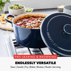 GreenPan x Bobby Flay 5.5QT Enameled Cast Iron Round Dutch Oven with Lid, Dual Handles, Oven Safe to 500F & Induction Suitable, Self Basting Lid, Ultra-Durable, Sear, Braising, Bread, Stews, Cobalt