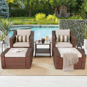 Brightpeak 5 Piece Patio Conversation Set, Outdoor Furniture Set, Brown Wicker Lounge Chair with Ottoman Footrest, W/Coffee Table & Beige Cushions for Garden, Patio, Balcony, Deck