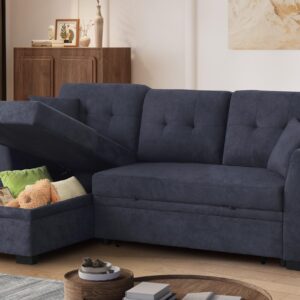 YOPTO 81.5" Sectional Sleeper Sofa Bed,Convertible L Shaped Pull Out Couch with Storage Chaise & Pillow,Woven Upholstered Loveseat W/Removable Back Cushion for Living Room,Apartment,Office,Dark Blue