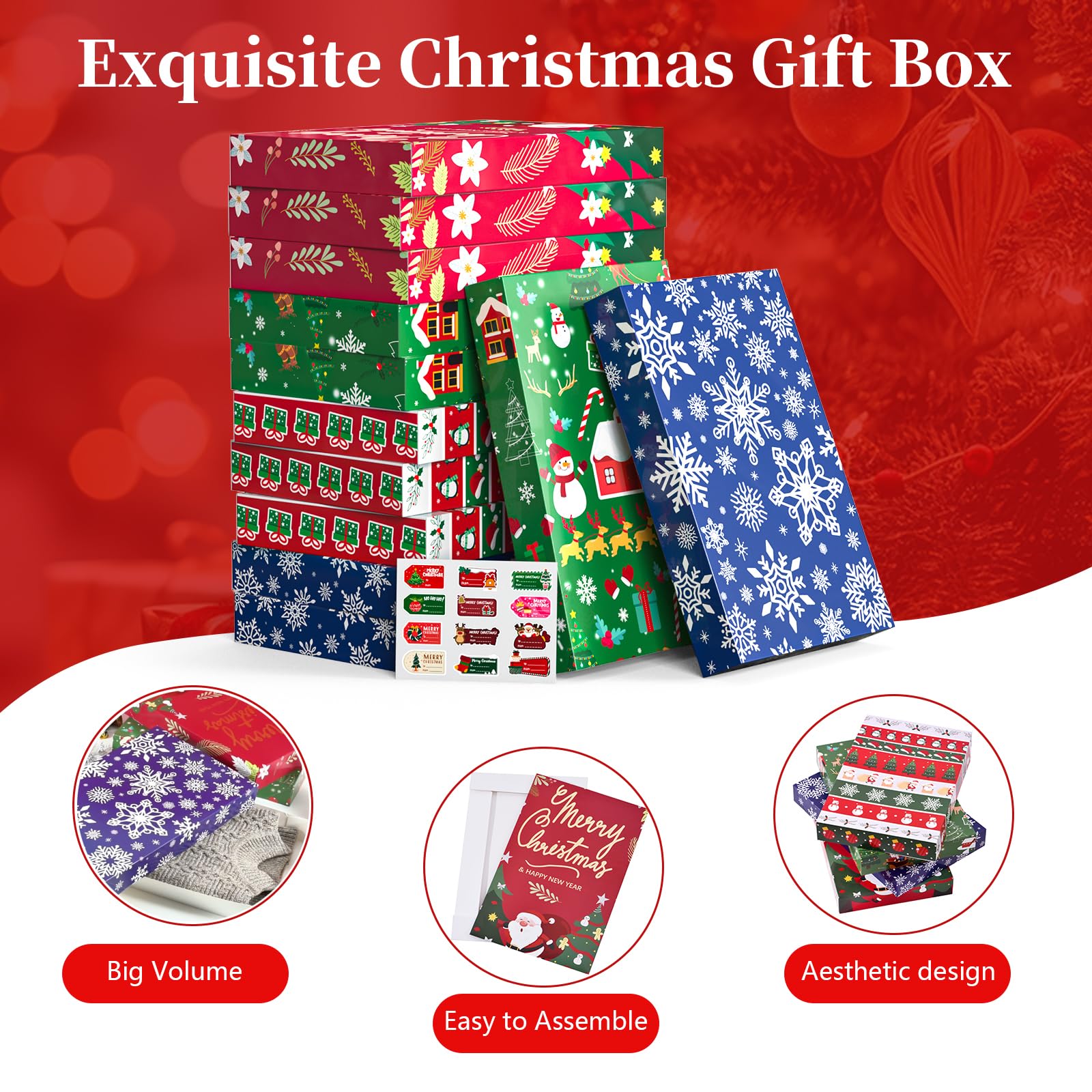 Uvaluefeet Christmas Gift Boxes with Lids, 12 Pack Patterned Shirt Clothes Boxes(12 Clothing Gift Boxes, 4 Designs: 3 Pieces Per Design & 1 Christmas Label Sticker) for Christmas Wrapping