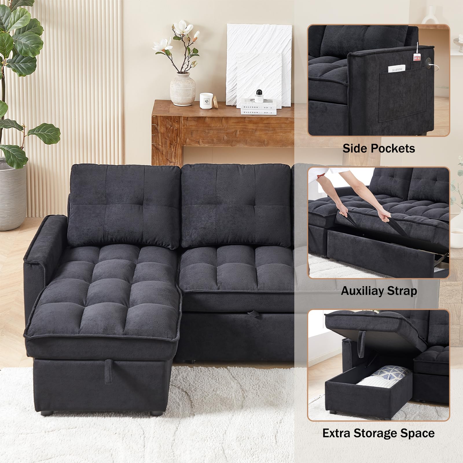 Firscook 78.75" Sleeper Sofa,Chenille Reclining Sofa, Pull Out Bed with Side Pocket and Charging Station,Sectional Sleeper Sofa with Storage Chaise, L-Shaped Sofa Couch Bed for Living Room, Black