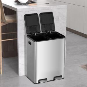 trash can,stainless steel trash can with hinged lids,dual trash and recycling bins for kitchen,60 liter(2x30l) 16 gallon,foot pedals garbage can,soft close,side handles