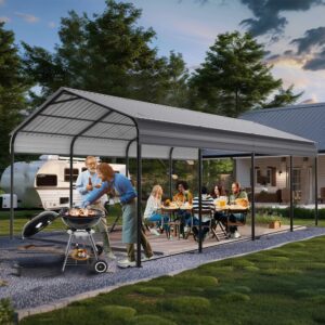 Metal Carport 12 x 20 FT Heavy Duty Outdoor Steel Large Rv Car Ports Canopy with Galvanized Metal Roof and Enhanced Base, Outdoor Garage Car Shelter for Cars, Boats, Trucks, Tractors, Gray