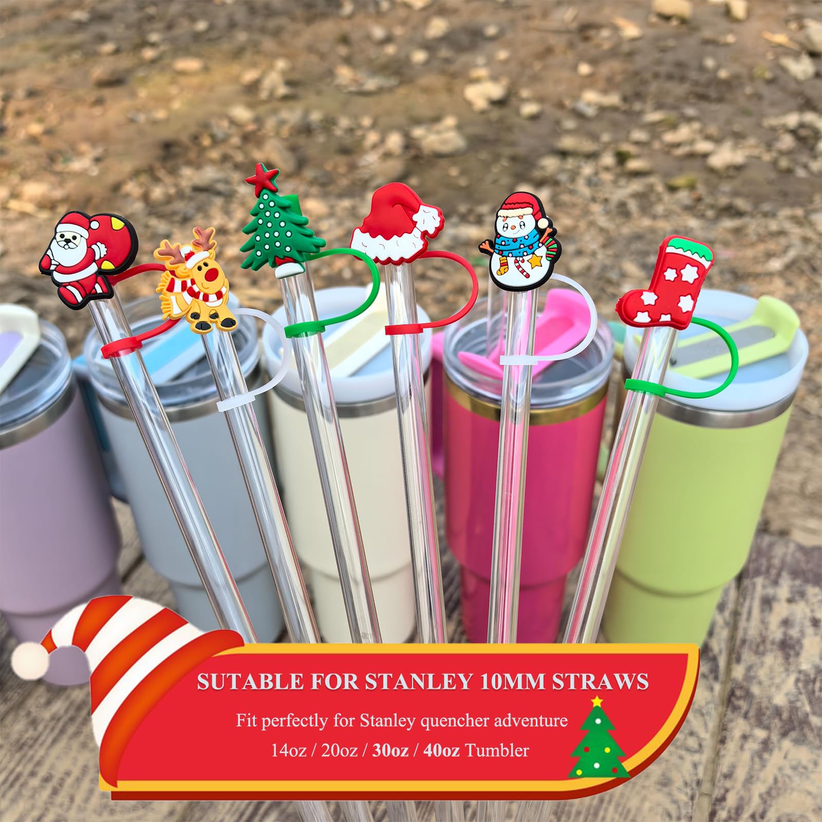 Amreich Christmas Straw Toppers for Stanley Cup 30 40 Oz Tumblers - 6PCs Silione Straw Cover Cap Reusable 10mm Straw Accessories Xmas Gift for Stanley Cup Owner