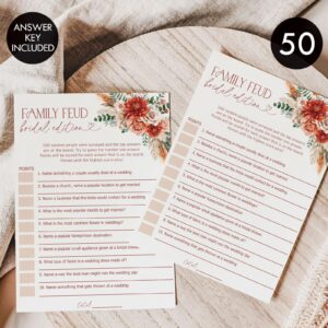 All Ewired Up 50 Bridal Family Feud (50-Cards) Fall in Love, Fun Wedding Shower Decorations Party Rehearsal Dinner Game Activity, Autumn Sienna Burnt Orange Florals