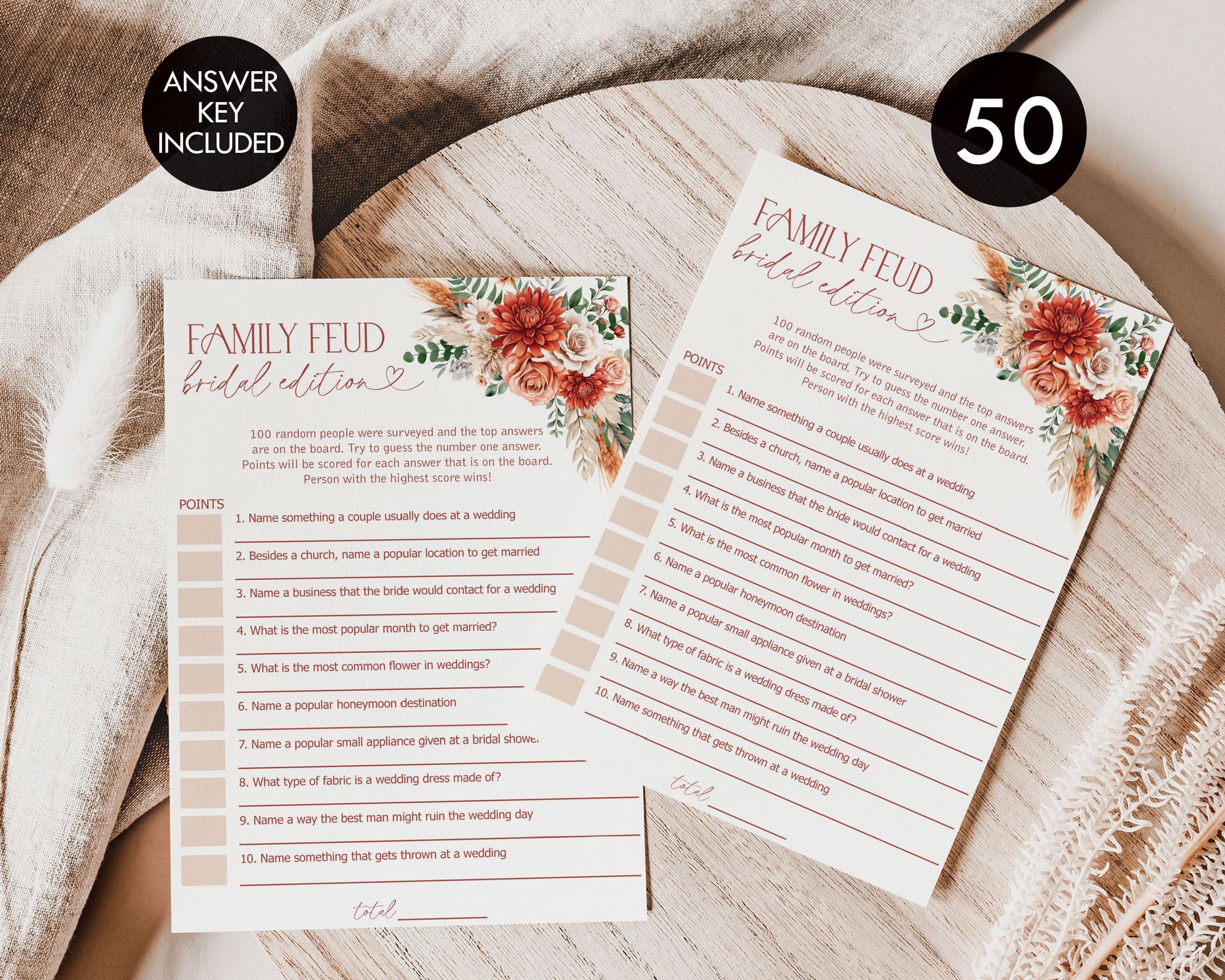 All Ewired Up 50 Bridal Family Feud (50-Cards) Fall in Love, Fun Wedding Shower Decorations Party Rehearsal Dinner Game Activity, Autumn Sienna Burnt Orange Florals