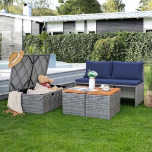 Devoko Patio Day Bed Outdoor Daybed Set Multifunctional Rattan Lounge Bed with 2 Side Tables for Backyard Porch Poolside Lawn Beach (Navy Blue)