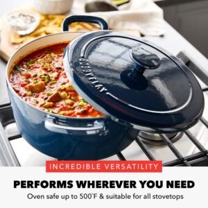 GreenPan x Bobby Flay 5.5QT Enameled Cast Iron Round Dutch Oven with Lid, Dual Handles, Oven Safe to 500F & Induction Suitable, Self Basting Lid, Ultra-Durable, Sear, Braising, Bread, Stews, Cobalt