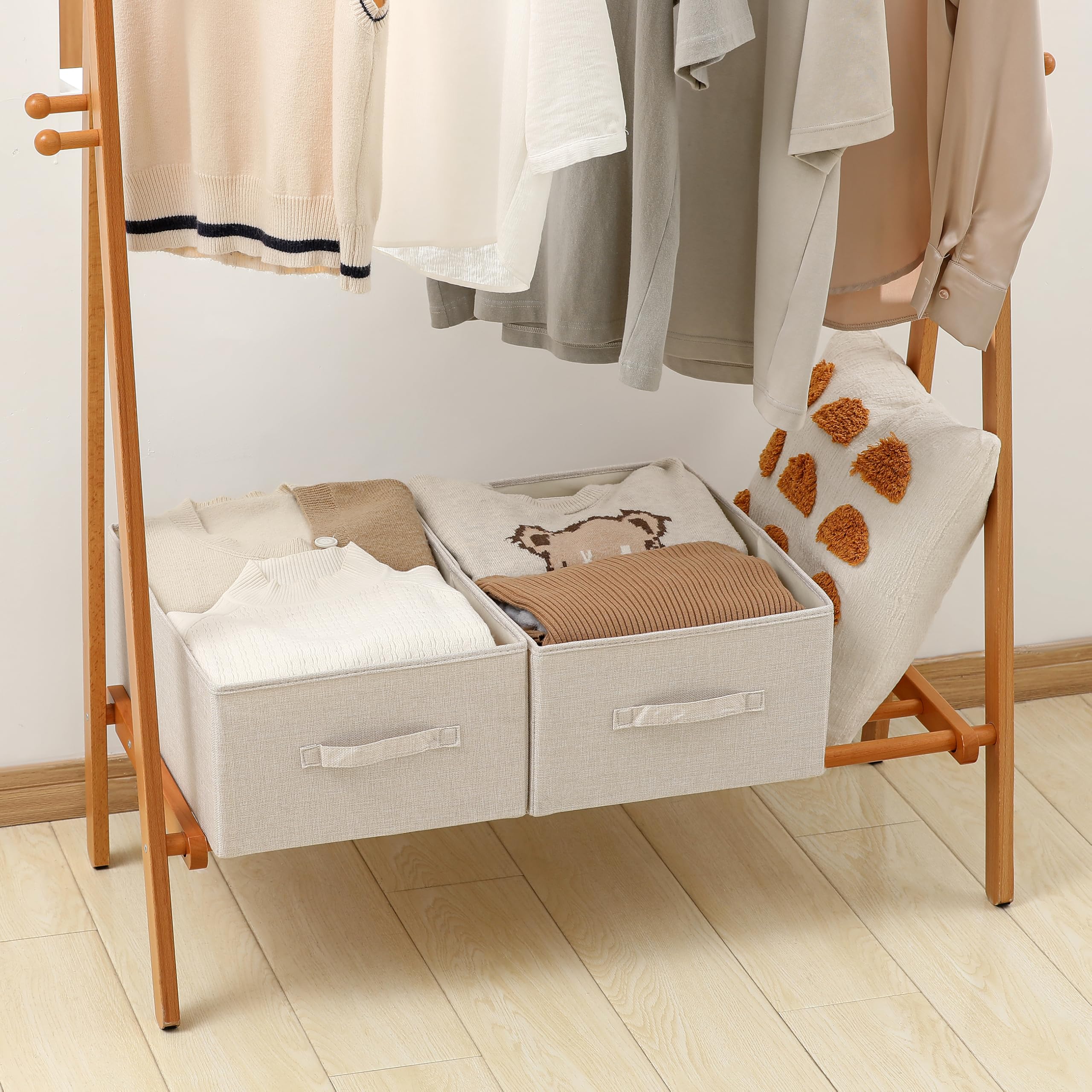 Linen Folding Storage Bins, 3 Pack Large Storage Baskets, Washable, Clothing Storage Bins with Handle, Closet Organizer for Storage Sweater,Sheets(Beige, 18½"x13½x8½)