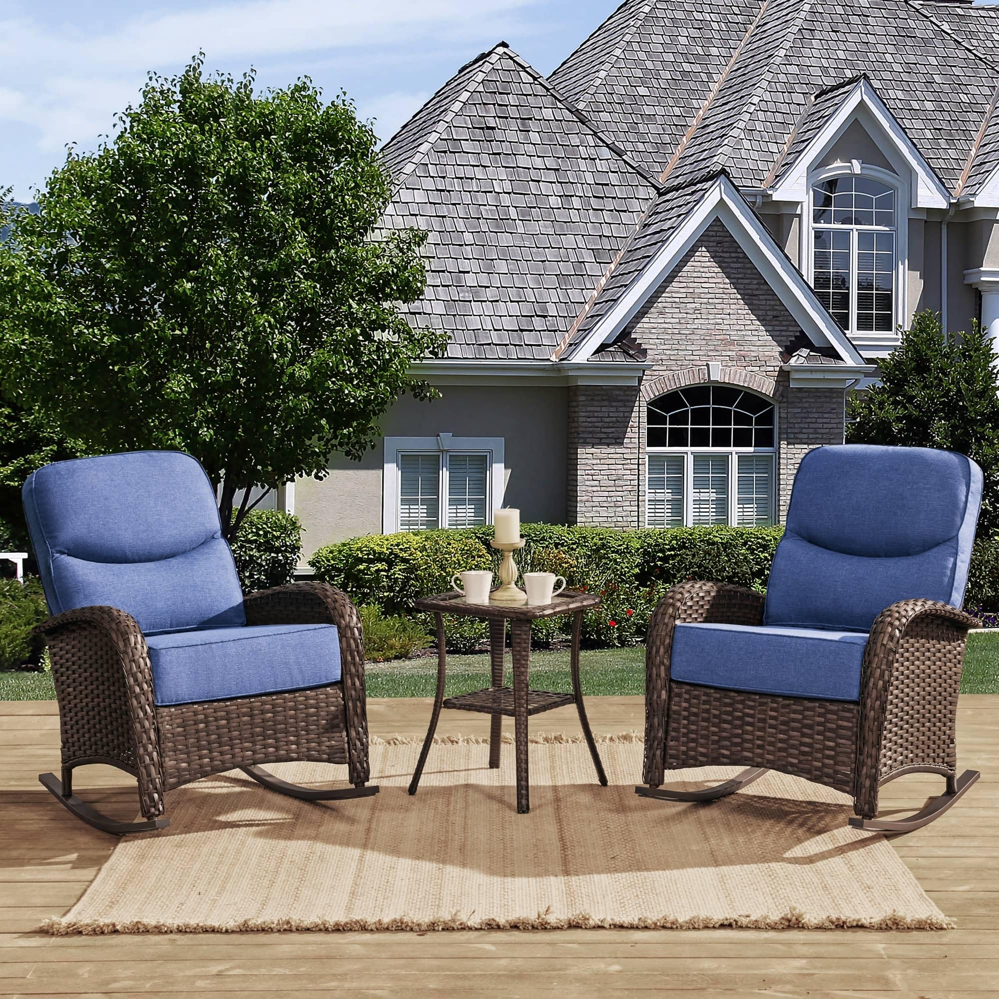 HILLGA 3 Pieces Rocking Chair Outdoor with 6" Thick Cushion, Oversized Patio Rocking Chairs Set of 2, Comfortable High Back Wicker Rockers with Side Table for Garden Porch Balcony & Backyard(Blue)