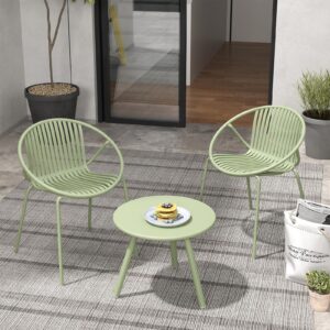 Tangkula 3 Pieces Bistro Set, All Weather PP Patio Conversation Set, Heavy-Duty Metal Frame Outdoor Acapulco Chair Set w/Round Coffee Table, 2 Chairs and Side Table Set for Deck, Balcony (Green)