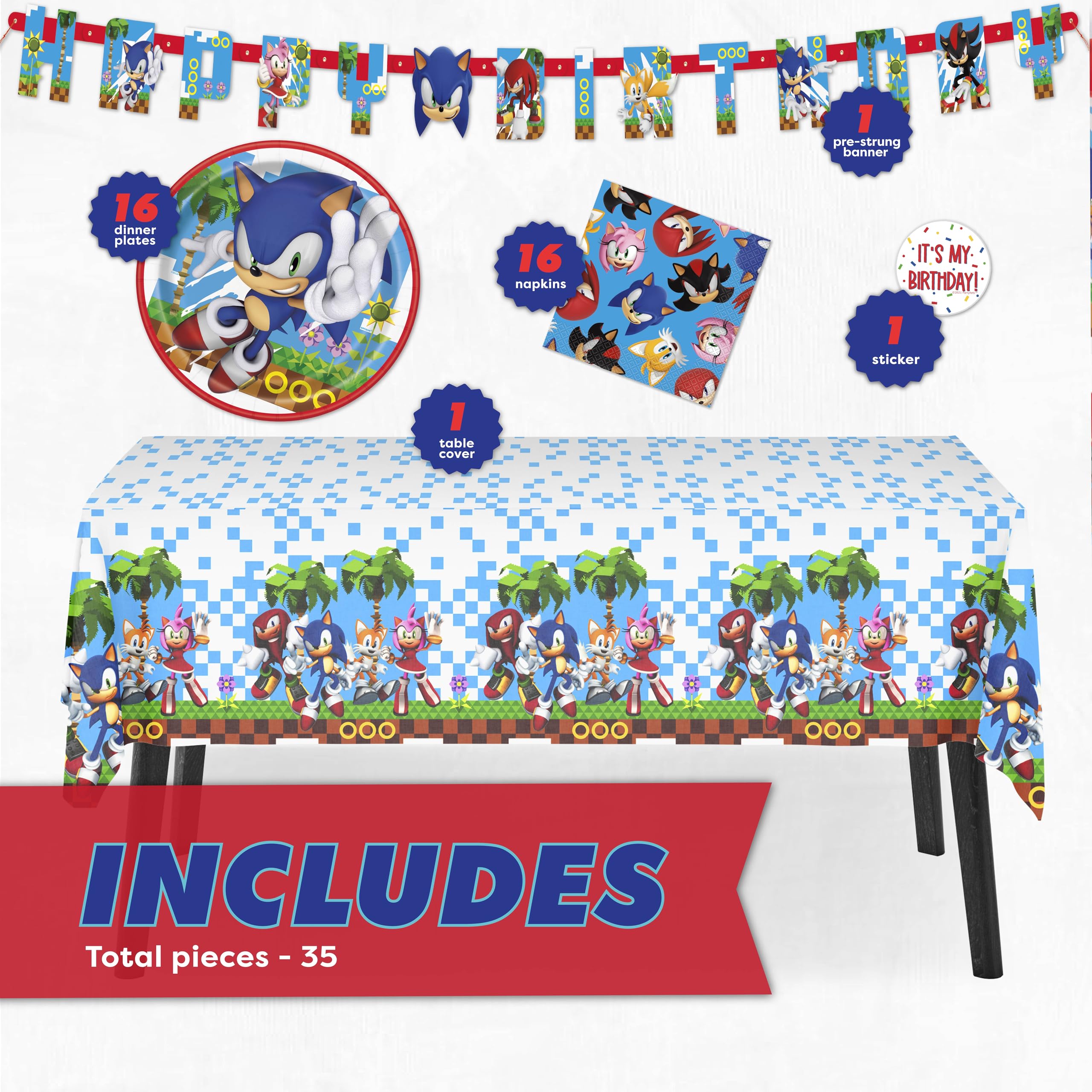 Sonic Birthday Party Decorations for 16 | Banner, Tablecloth, Sonic Plates and Napkins, Sticker | Sonic Party Decorations | Officially Licensed