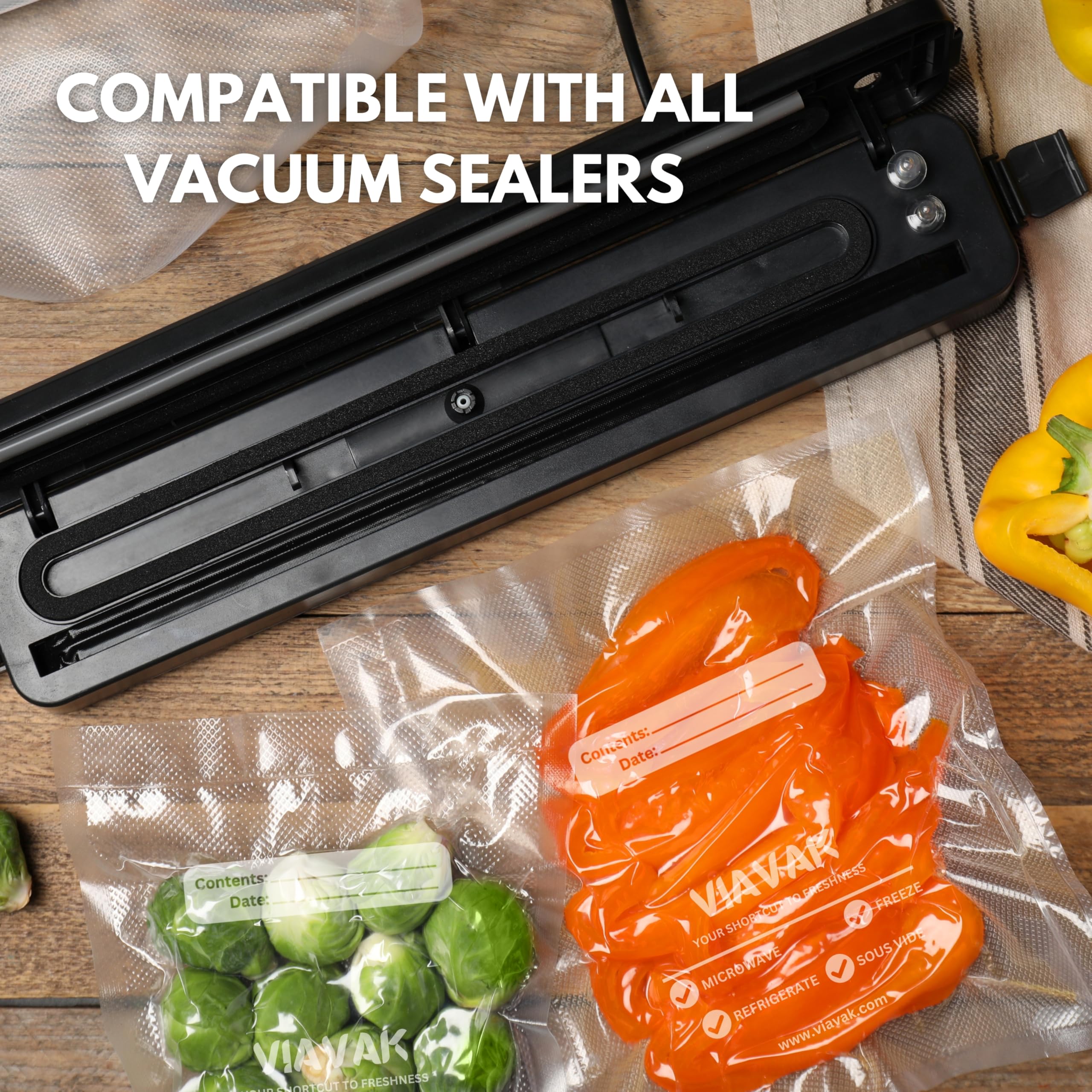 VIAVAK (11x16 Inch) Vacuum Sealer Bags for Food | 100 Clear + 20 Bonus Black | 7-Layer Commercial Grade, BPA-Free, Writable Surface for Content & Date, Heavy Duty for Food Storage & Sous Vide