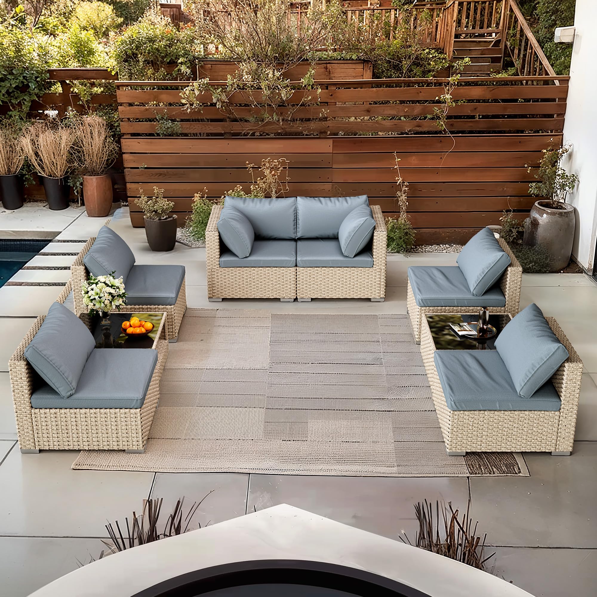 8-Piece Wicker Patio Furniture Set, Outdoor Conversation Set Sectional Sofa with Water Resistant Thick Cushions and Coffee Table, Grey