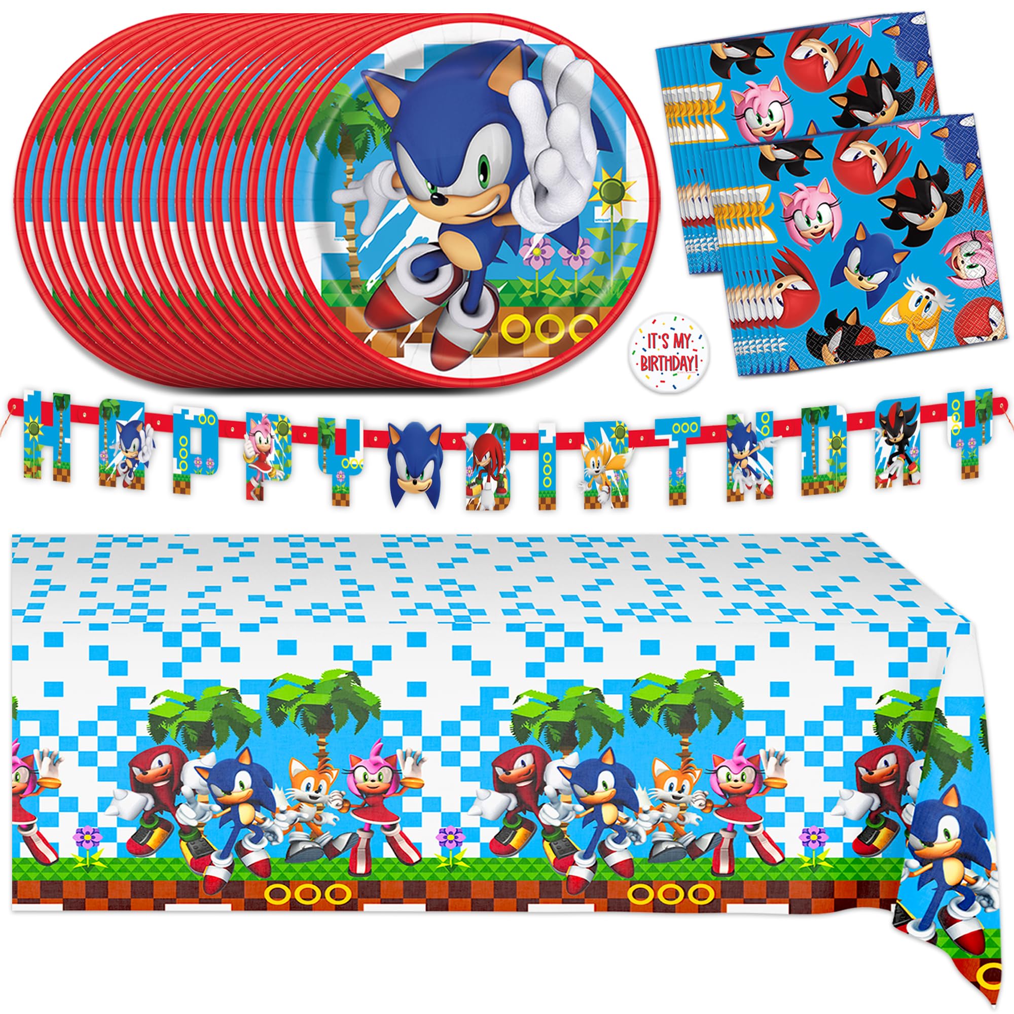 Sonic Birthday Party Decorations for 16 | Banner, Tablecloth, Sonic Plates and Napkins, Sticker | Sonic Party Decorations | Officially Licensed