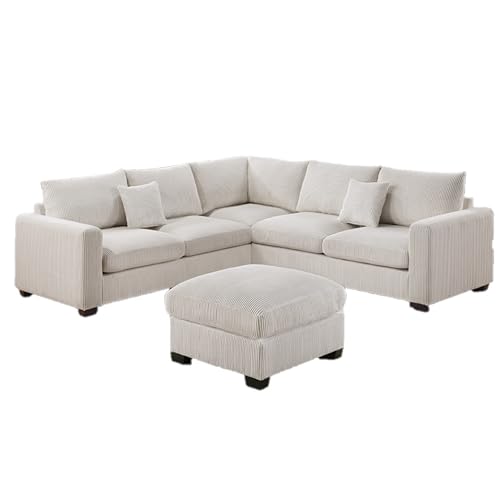 FANYE L-Shaped Sectional Sofa Couch Comfy Corduroy Upholstered Symmetrical Sofa&Couch Include Loveseats*2,Corner Wedge and Movable Ottoman for Living Room,Ivory White