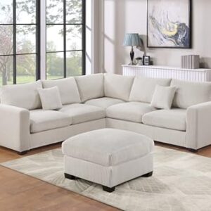 FANYE L-Shaped Sectional Sofa Couch Comfy Corduroy Upholstered Symmetrical Sofa&Couch Include Loveseats*2,Corner Wedge and Movable Ottoman for Living Room,Ivory White