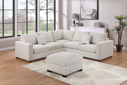 FANYE L-Shaped Sectional Sofa Couch Comfy Corduroy Upholstered Symmetrical Sofa&Couch Include Loveseats*2,Corner Wedge and Movable Ottoman for Living Room,Ivory White