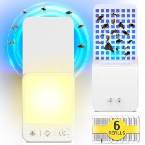 fruit fly traps for indoors, 2 in 1 plug in flying insect trap with led night light and uv attractant, fly traps indoor for home fruit fly killer (1 device & 6 glue cards)