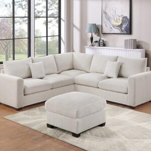 fanye l-shaped sectional sofa couch comfy corduroy upholstered symmetrical sofa&couch include loveseats*2,corner wedge and movable ottoman for living room,ivory white