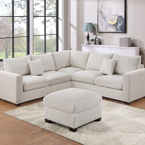 FANYE L-Shaped Sectional Sofa Couch Comfy Corduroy Upholstered Symmetrical Sofa&Couch Include Loveseats*2,Corner Wedge and Movable Ottoman for Living Room,Ivory White