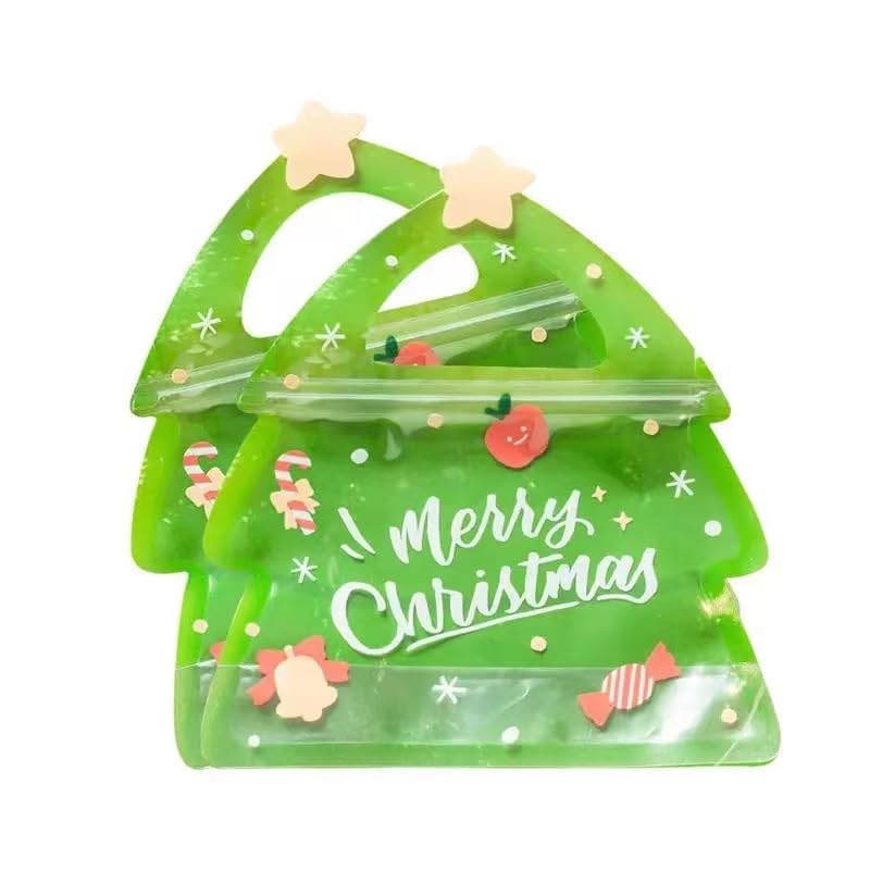 ESUOHYM Christmas Treat Bags For Kids Clear Tree Shaped Ziplock Reusable Goodie Bag Xmas Sealable Bags With Handle For Candy, Cookie, Snack, Party Supplies 10 PCS