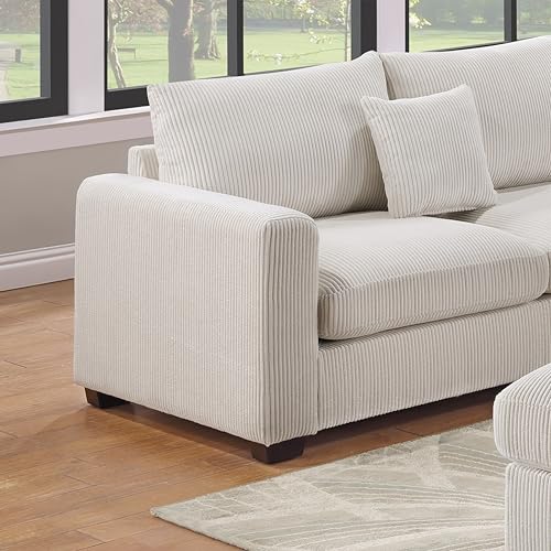 FANYE L-Shaped Sectional Sofa Couch Comfy Corduroy Upholstered Symmetrical Sofa&Couch Include Loveseats*2,Corner Wedge and Movable Ottoman for Living Room,Ivory White