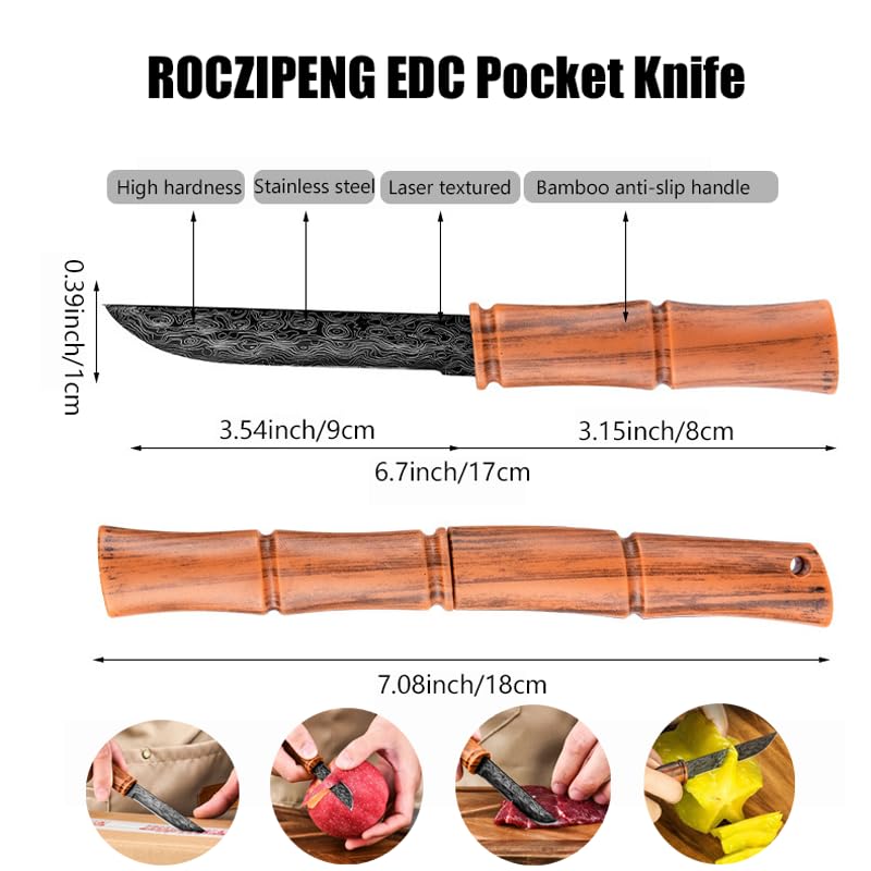 Roczipeng 2 Pcs Fixed Blade Knives, Fruit Knife with Sheath, Bamboo Shaped Paring Knife for Home, Outdoor Camping, Fishing, Hunting