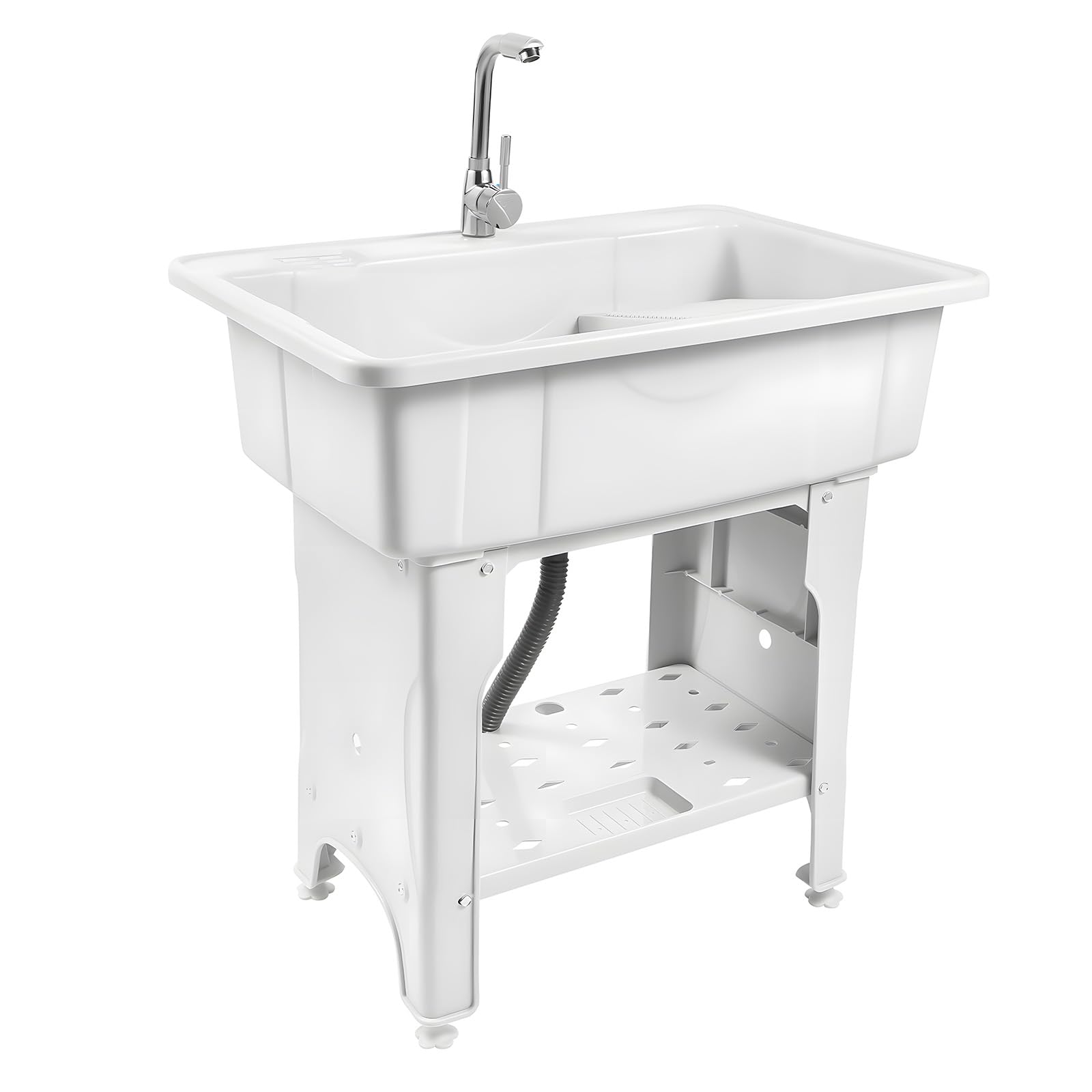 Freestanding Plastic Laundry Sink with Washboard, Indoor and Outdoor Utility Sink with Cold and Hot Water Faucet, Hoses and Drain Kit,Fashionable Sink for Laundry Room, Garage, Basement (Large)