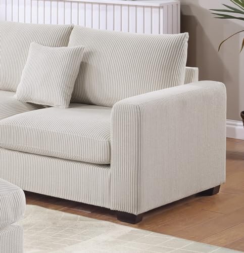 FANYE L-Shaped Sectional Sofa Couch Comfy Corduroy Upholstered Symmetrical Sofa&Couch Include Loveseats*2,Corner Wedge and Movable Ottoman for Living Room,Ivory White