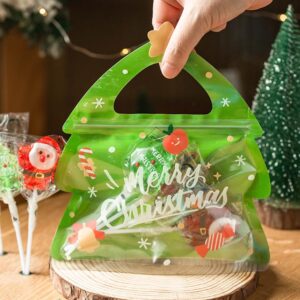 ESUOHYM Christmas Treat Bags For Kids Clear Tree Shaped Ziplock Reusable Goodie Bag Xmas Sealable Bags With Handle For Candy, Cookie, Snack, Party Supplies 10 PCS