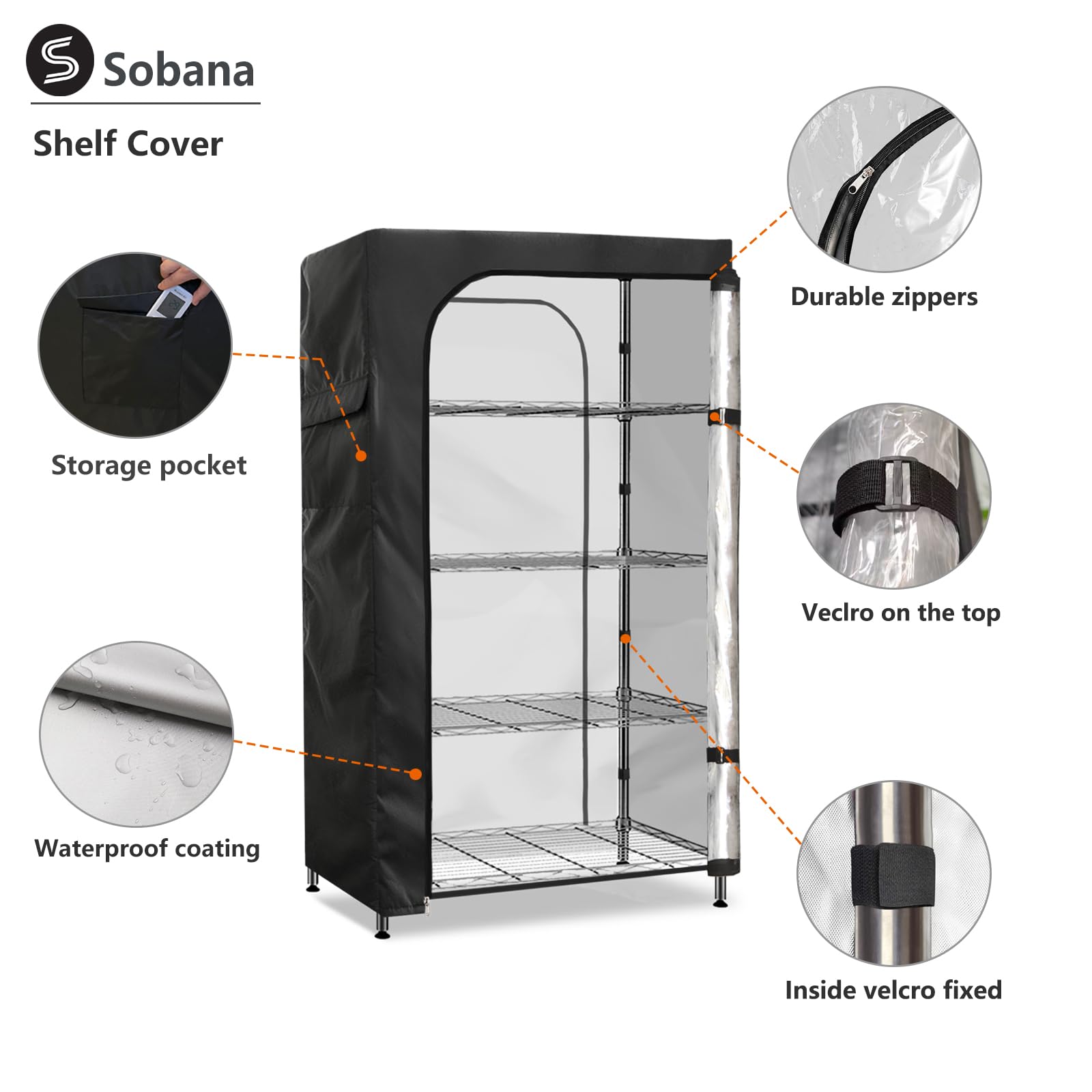 Sobana Waterproof Storage Shelf Cover,36 x 18 x 72 Inch Wire Shelving Rack Cover with Clear Front Panel,Dustproof Shelving Unit Cover (Cover only,Black)