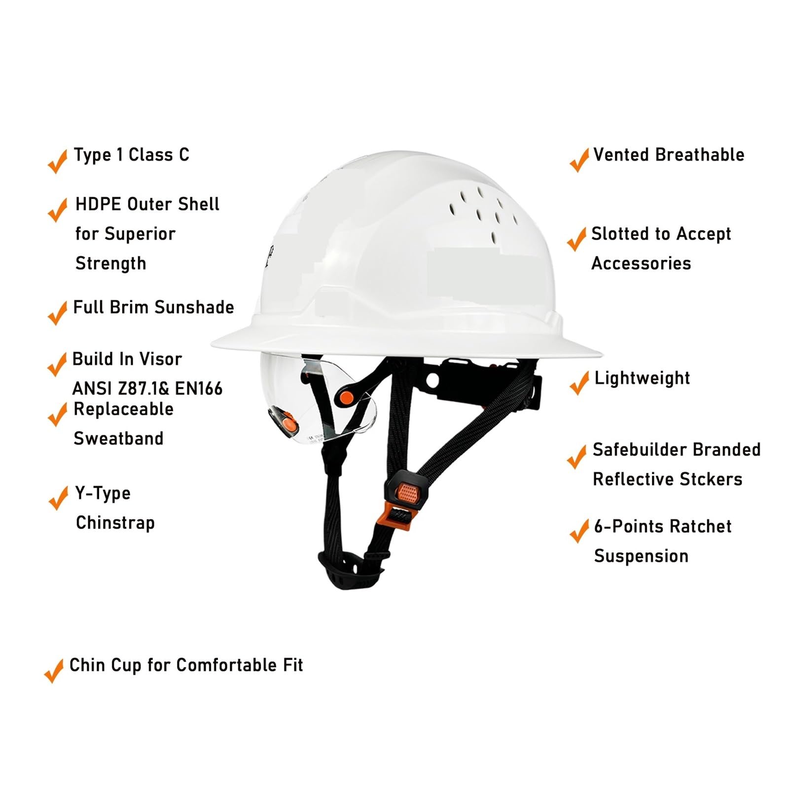 Industrial Safety Helmet Full Brim Hard Hat for Engineer Industrial Construction Work Cap Men Reflective ANSI Approved HDPE Safety Helmet with Visor(White Hat CV SRF)