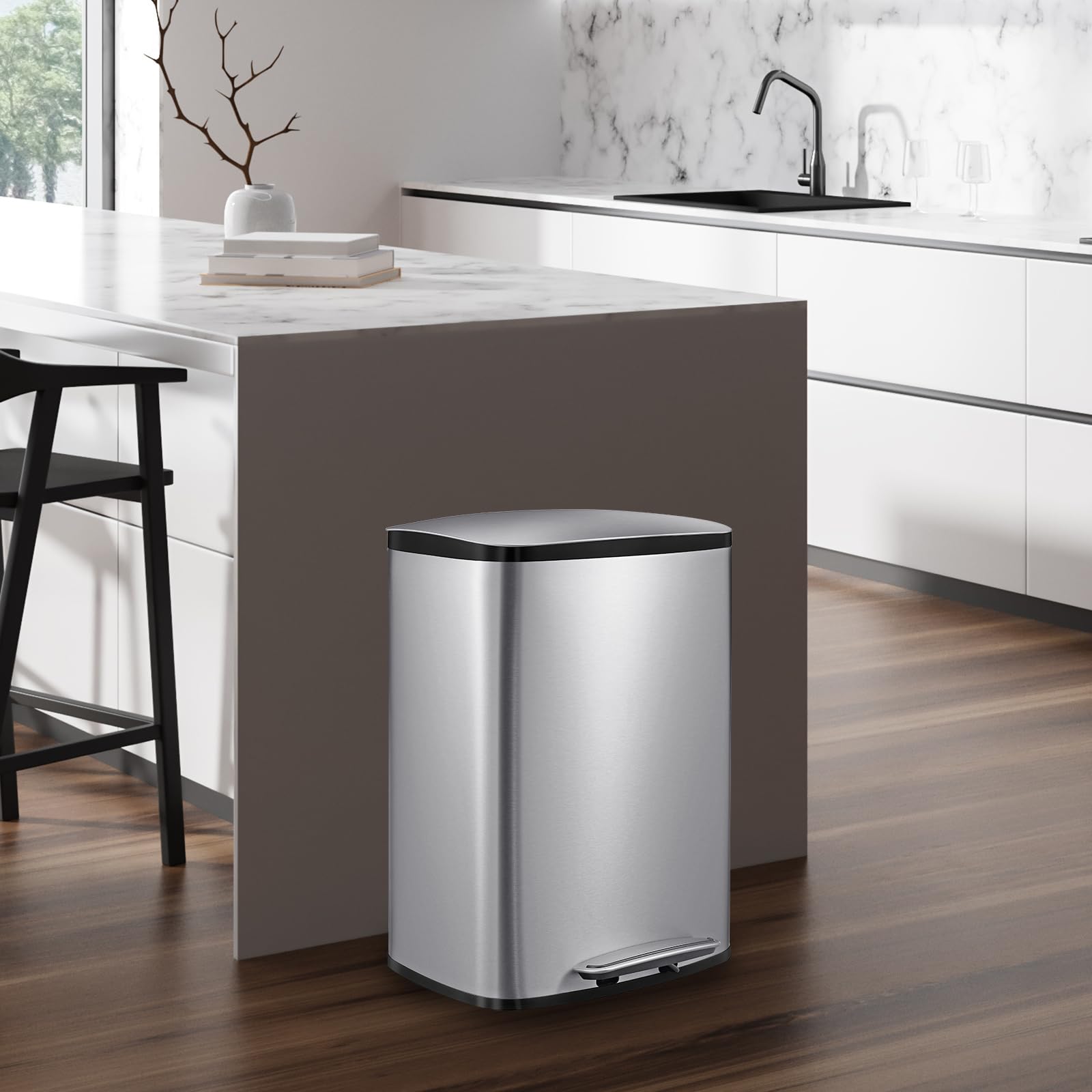 GarveeHome 50L/13Gal Heavy Duty Hands-Free Stainless Steel Kitchen Trash Can, Commercial Rectangular Kitchen Waste Bin, with Soft Close Lid & Inner Liner, Fingerprint-Resistant