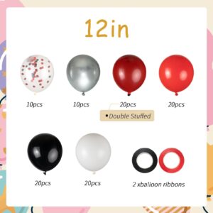 100pcs Red and Black White Balloons Kit, 12inch Black Red White Silver Confetti Balloons for Birthday Racing Car Poker Card Casino Baby Shower Graduation Valentine’s Party Decoration