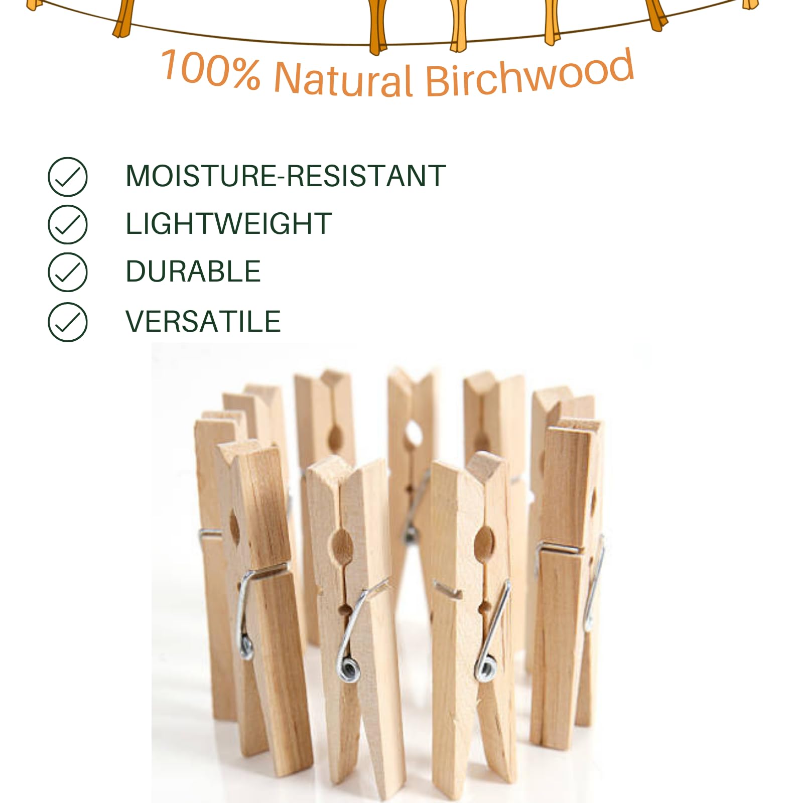 Wood Clothes Pin,Natural Birchwood Clothespins,Strong Grip,Heavy Duty Outdoor Clothes Clips for Hanging Clothes, Art, Crafts, Photo Displays,3.55 Inch,Pack of 24