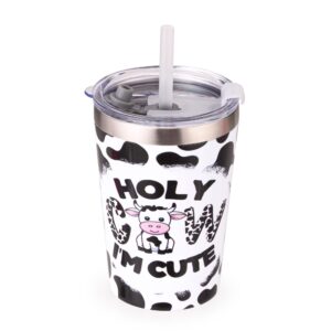 cow tumbler for kids, 12 oz cute insulated tumbler with lid and straw, double wall stainless steel, toddler sippy cup for boys & girls travel & home, white