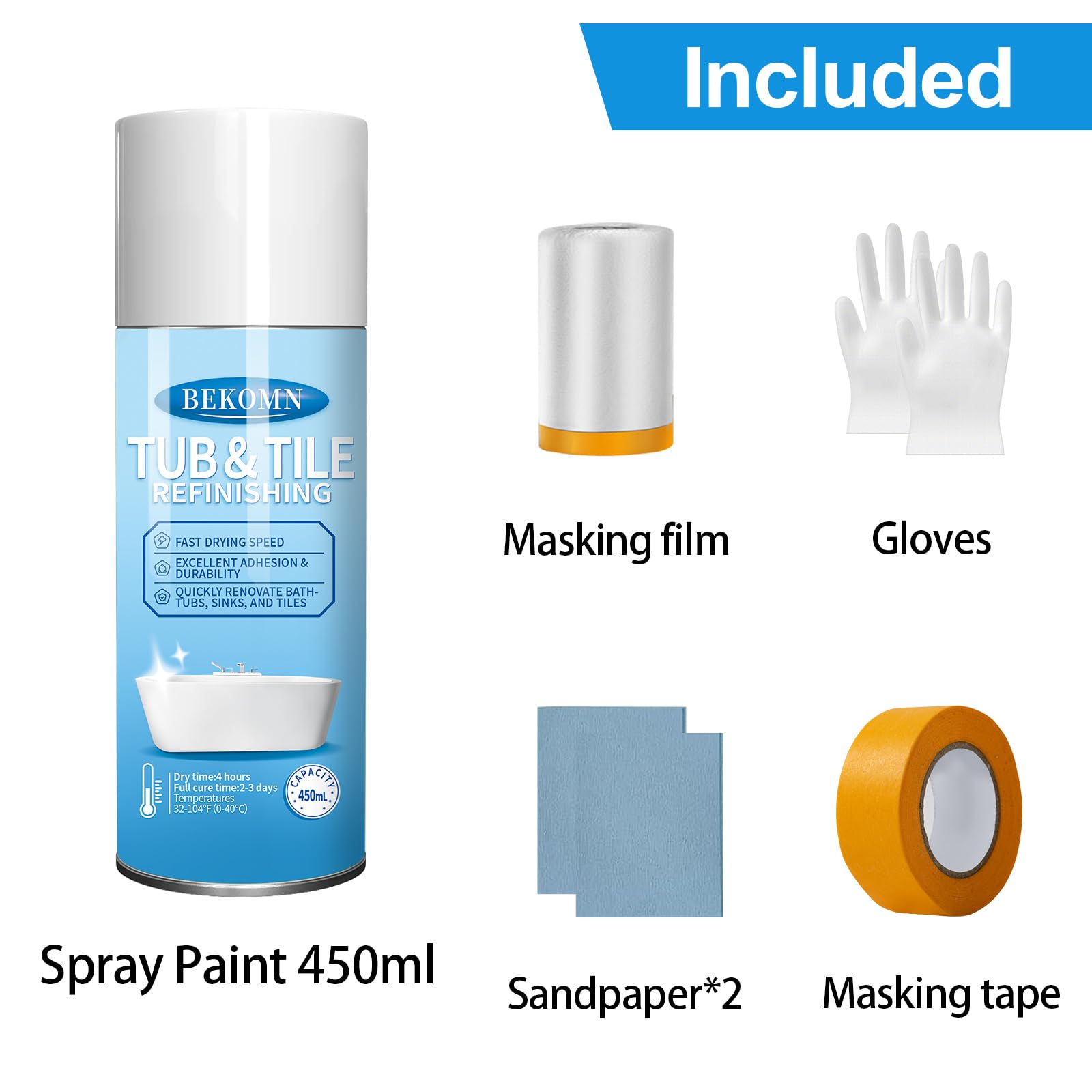 BEKOMN Tub and Tile Spray Paint White,450ml,Aerosol Bathtub Refinishing Kit for Porcelain Ceramic Fiberglass, DIY Resurfacing Bathroom Tile Sink Countertop